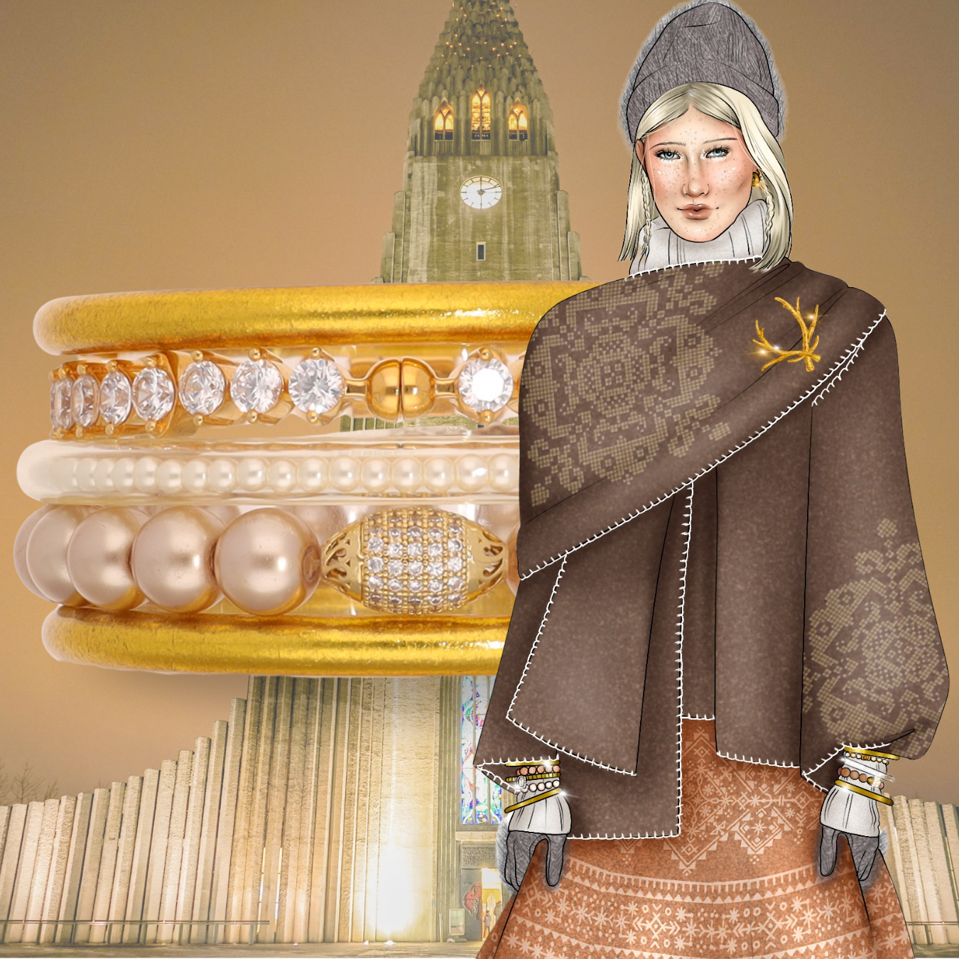 Reykjavik Arctic Luxe Stack | Gold, Pearl & Crystal Charm Bracelet Set | BuDhaGirl