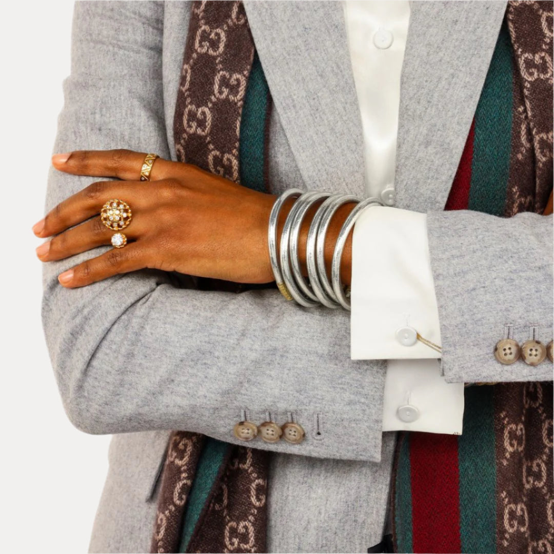 12.01.101.06.S6,12.01.101.06.M6,12.01.101.06.L6,12.01.101.06.XL6, Silver All Weather Bangles® (AWB®) - Serenity Prayer | Bangle Bracelets for Women | BuDhaGirl