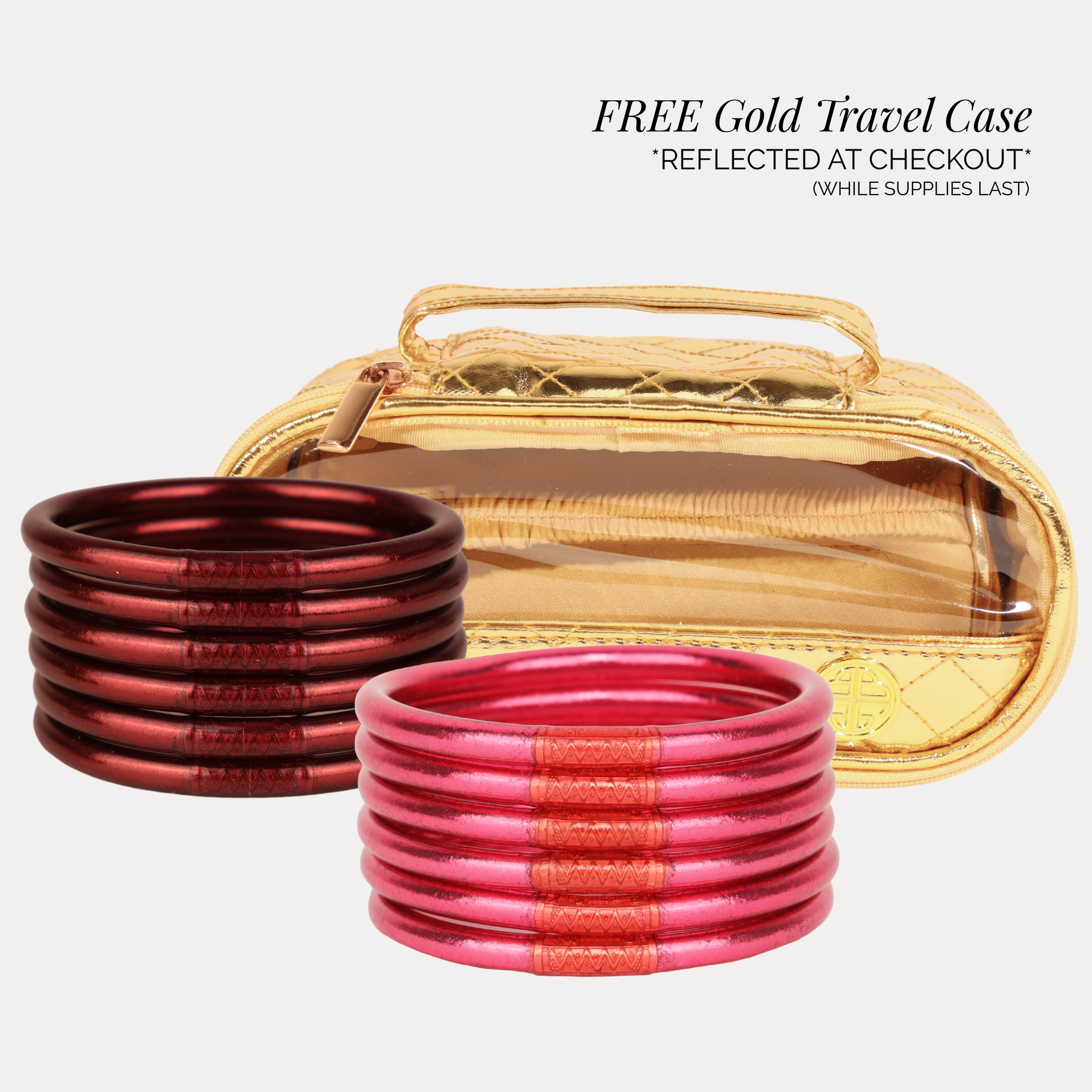 Red bangles with gold accents and a free gold travel case on a white background