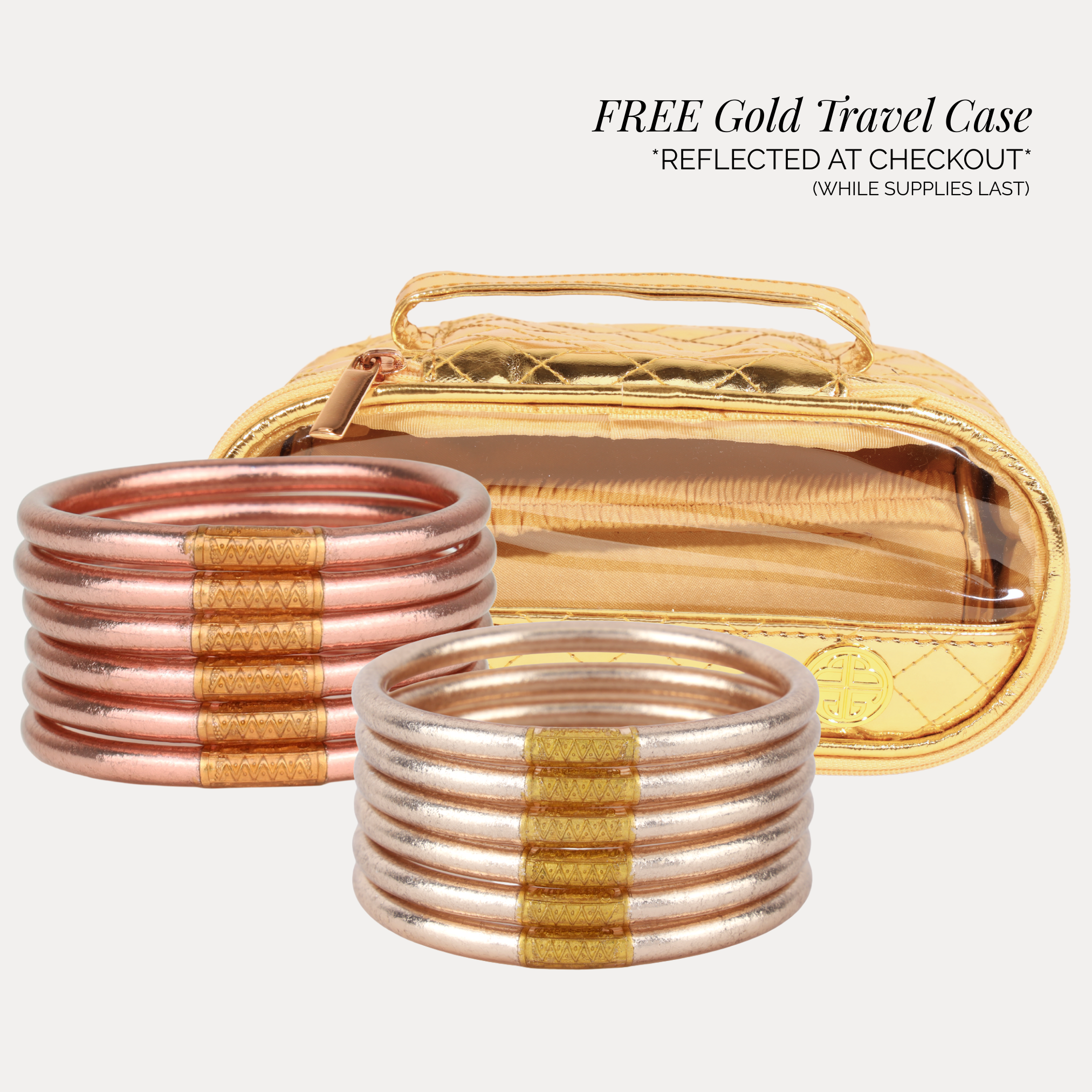 Set of gold and rose gold bangles with a free gold travel case on a white background