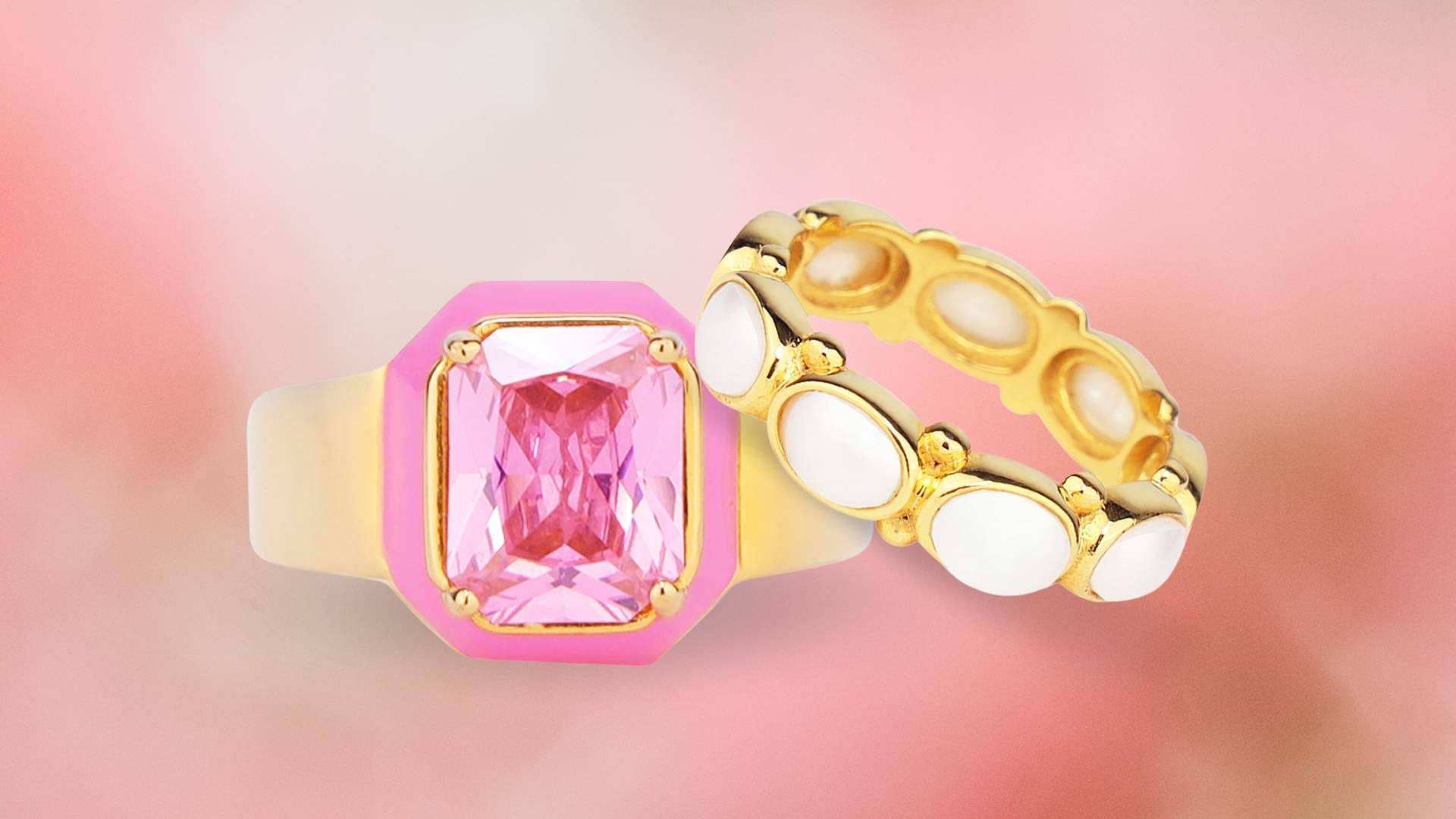 Luxe Rings Collection Banner Featuring White Pearl Ring and Pink Rectangle Cut Cushion Ring | BuDhaGirl