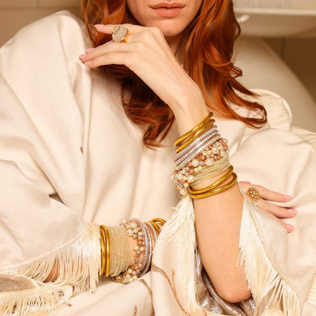Gold All Weather Bangles | Crystal Three Queens All Weather Bangles | Ariane Pearl Cluster Bracelet | Clear Meghan Bracelet | BuDhaGirl
