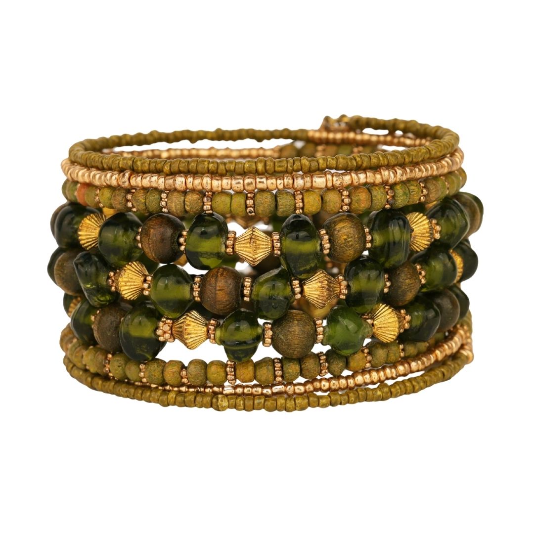 Avelina Rainforest Wrap | Green & Gold Beaded Bracelet | BuDhaGirl