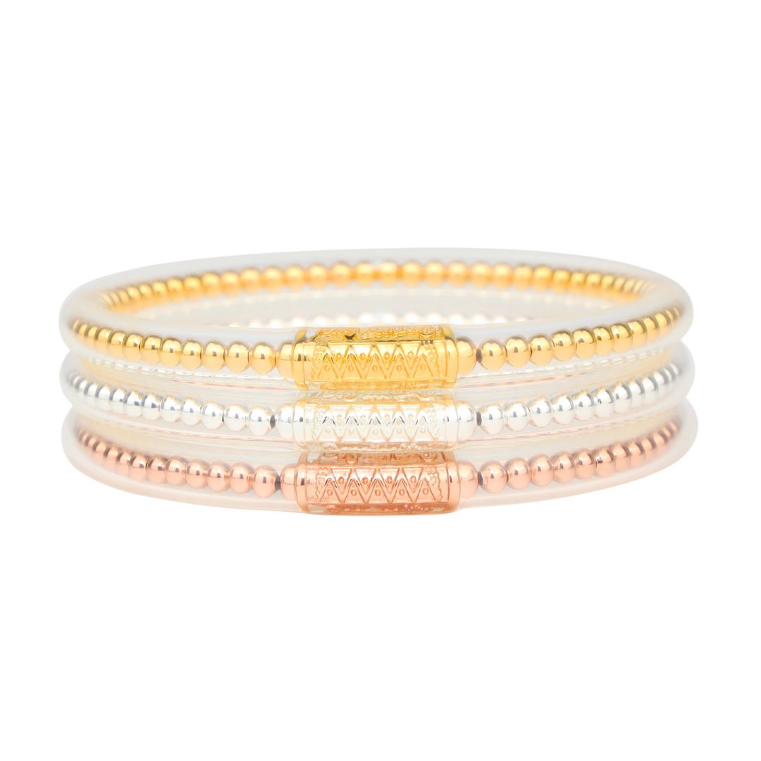 BIBI All Weather Bangles® - Serenity Prayer filled with Gold, Silver, and Rose Gold Metallic Beads | BuDhaGirl