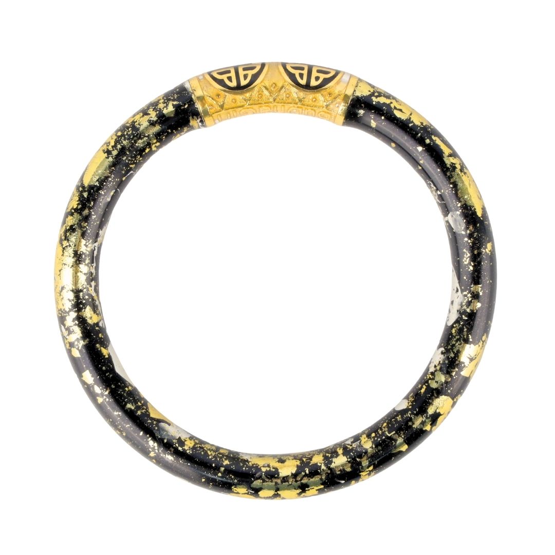 Koi Noir Tzubbie Black and Gold Foil All Weather Bangle Bracelets with BuDhaGirl Enamel Chop Logo Bead | BuDhaGirl