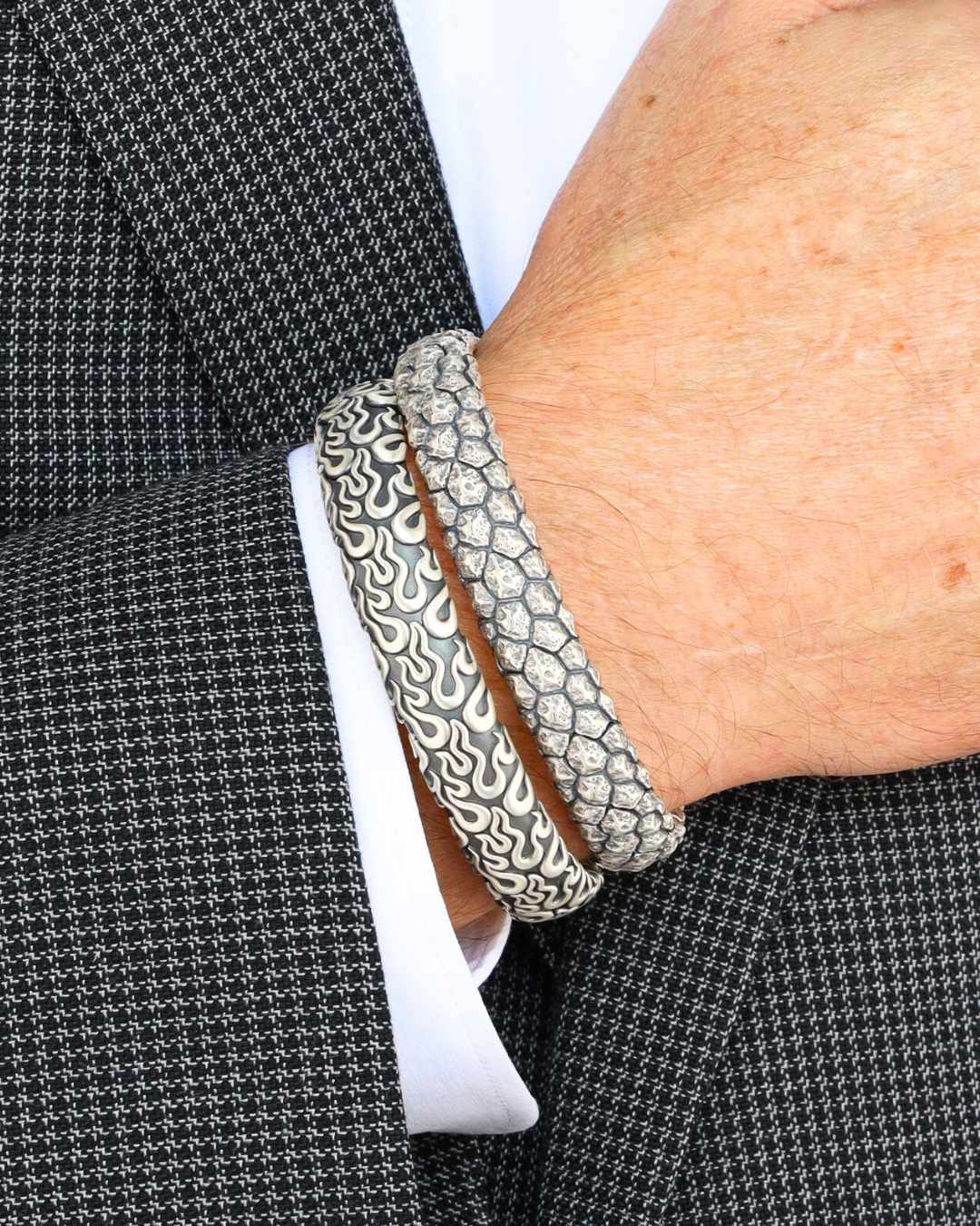 Man in Sport Coat Wearing Men's Sterling Silver Bracelets Inspired by Nature | BuDhaGirl