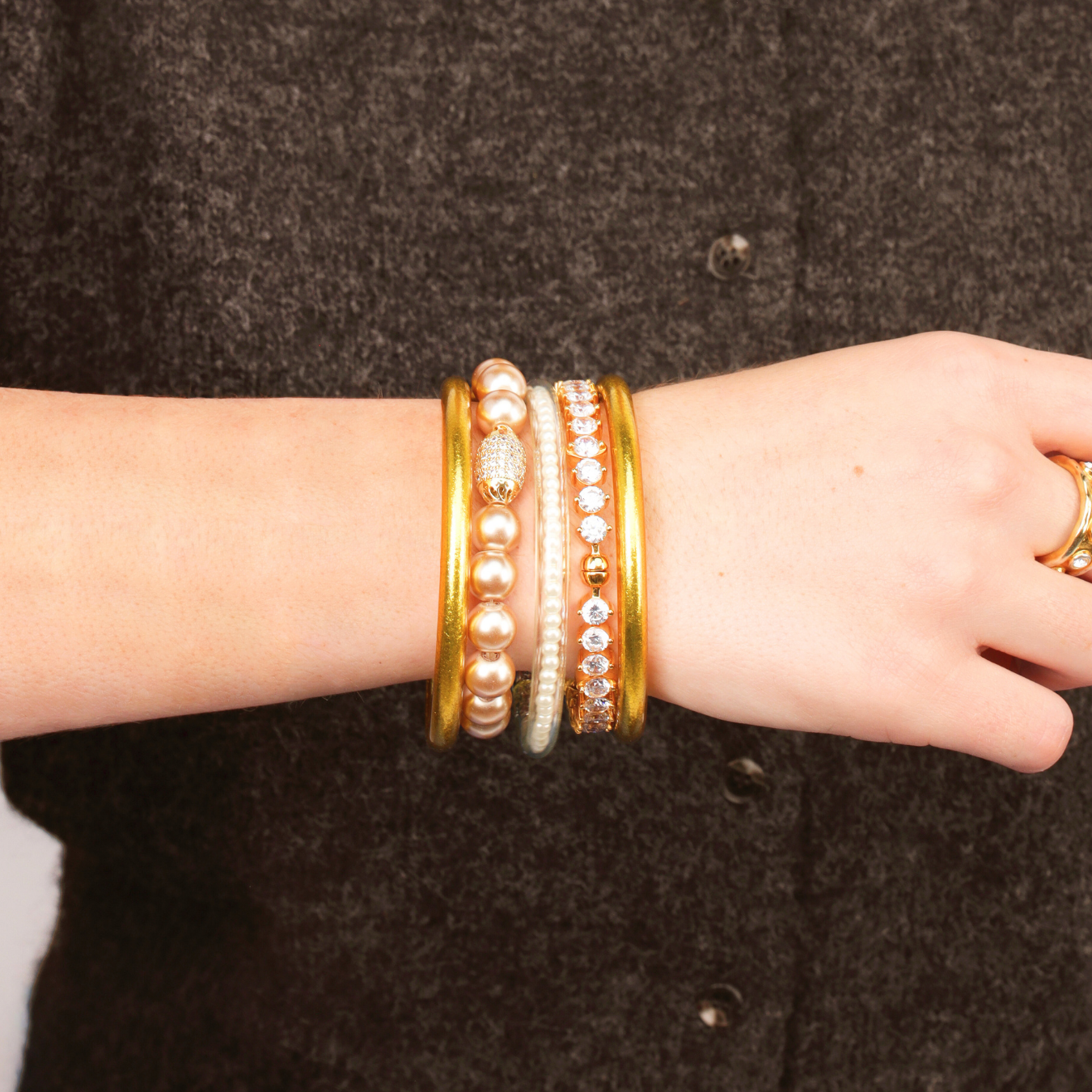 Reykjavik Arctic Luxe Stack | Gold, Pearl & Crystal Charm Bracelet Set | BuDhaGirl
