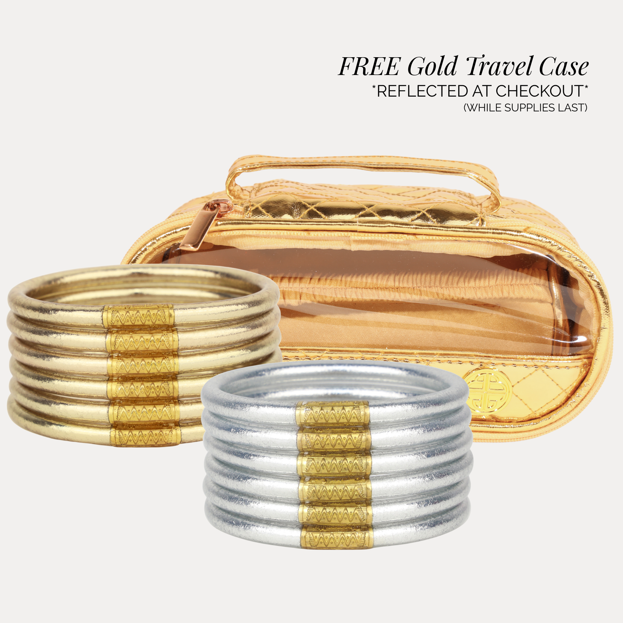 Gold and silver bangles with a free gold travel case on a white background