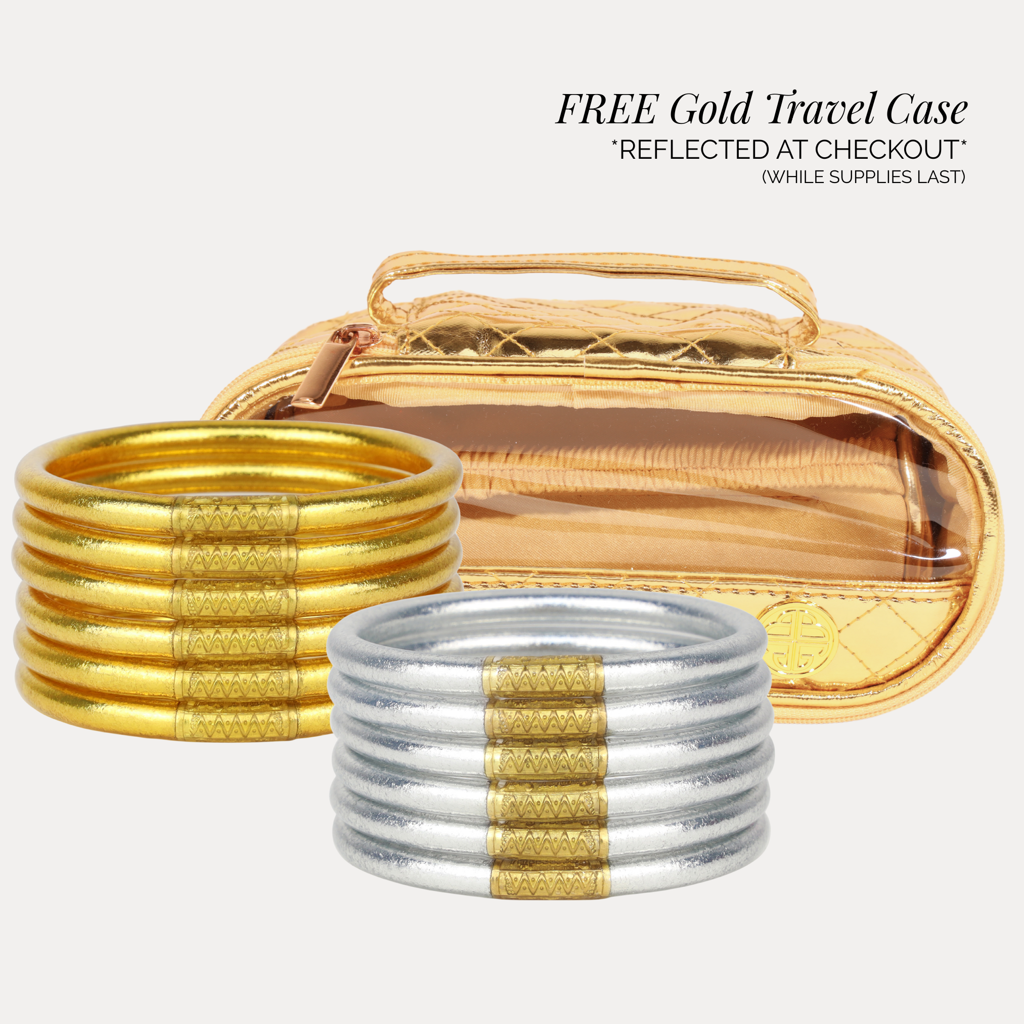 Gold and silver bangles with a gold travel case on a white background